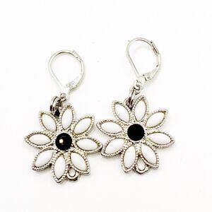 White Black Enamel Daisy Flower Dangle Earrings Leverback Hooks